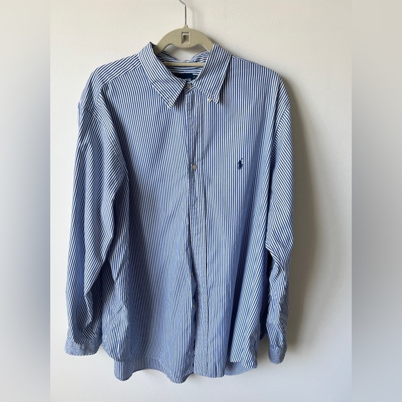 Ralph Lauren Striped Button-Down Shirt Men’s 17.5 34/35 Classic Fit Blue White - Picture 1 of 6